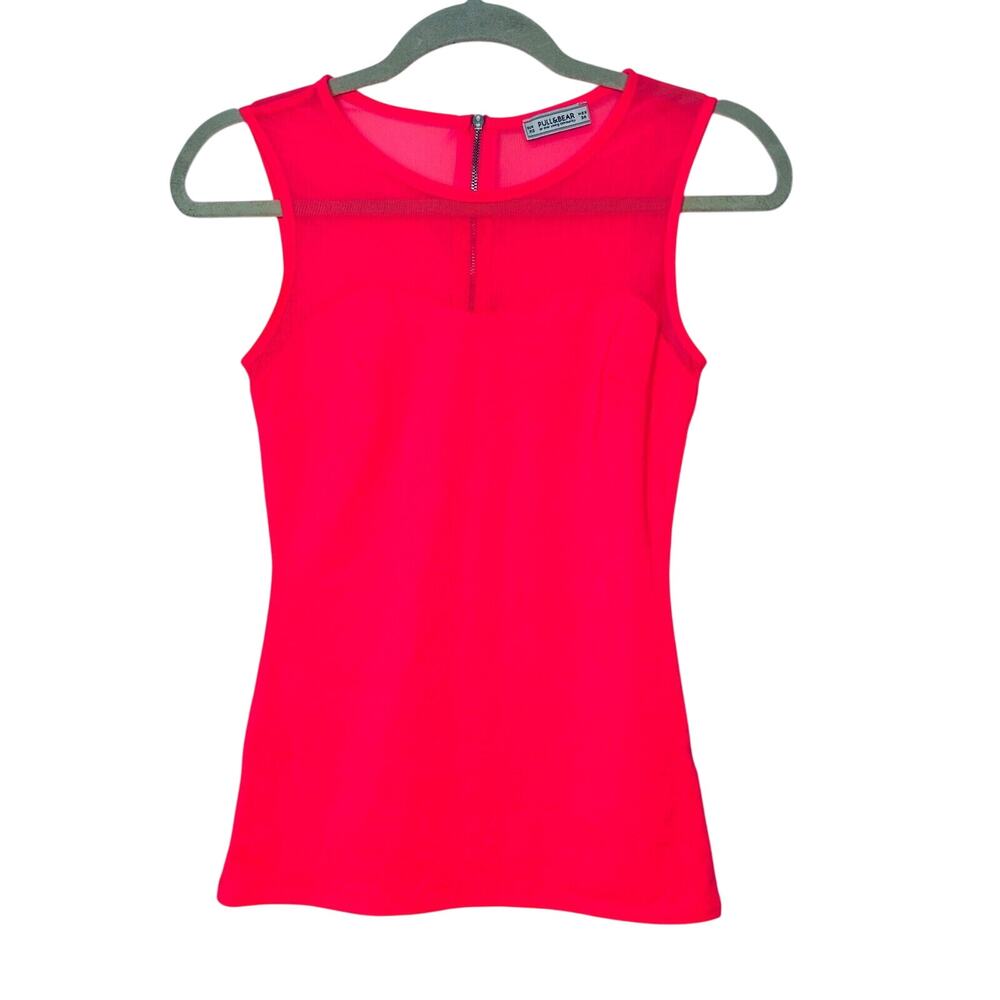 Pull & Bear Florescent Pink Sleeveless Cotton and Sheer Mesh Top Back Zip XS